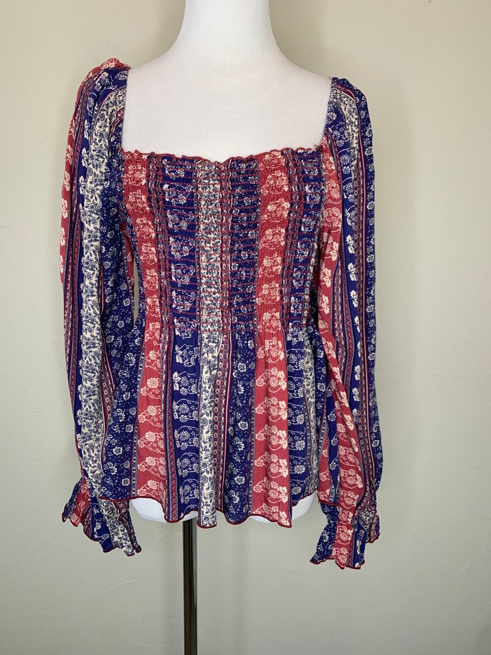 Sugarfox Boho Puff Sleeve Striped Floral Blouse Sz 1X